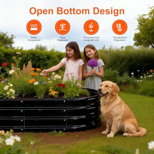Rakukiri Raised Garden Bed Outdoor, GRS Certified Recycled Metal Planter Box 2 Sets, 4FT Galvanized Oval Herb Garden Kit, Bottomless Large Garden Beds for Vegetables Flowers, Rust-Resistant Black