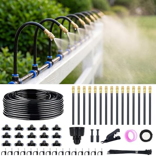 50FT Drip Irrigation System, 1/4" Tubing Automatic Misting Watering Kit with 15Pcs 360° Adjustable Nozzles, Garden Sprinkler for Yard, Lawn & Outdoor Plants