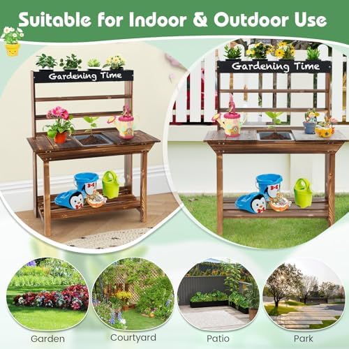 HONEY JOY Mud Kitchen, Fir Wood Kids Potting Bench Table, Removable Sink, 4 Planting Cups, Chalkboard, Outdoor Play Kitchen for Toddlers, Garden Time Mud Kitchen for Kids Outdoor Backyard