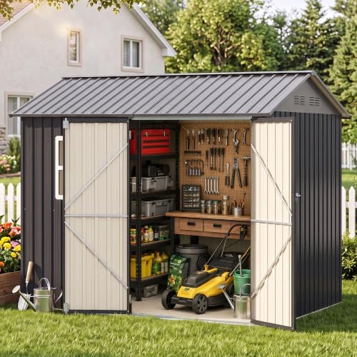 LAUSAINT HOME 8 x 5.7 FT Outdoor Storage Shed with Window, Galvanized Steel Storage Shed, Double Lockable Doors, Gable Roof & Air Vent for Backyard & Patio, Black