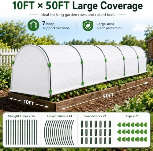 10 FT x 50 FT Frost Cloth Kit with 7 Garden Hoops