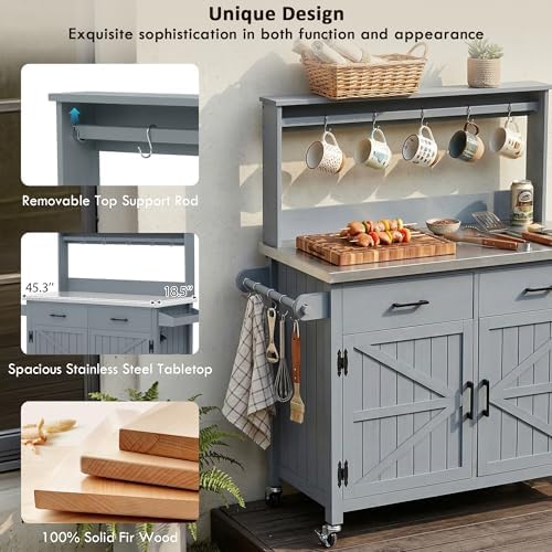 54.1" Outdoor Kitchen Island with High Shelf, Large Potting Bench Table with Stainless Steel Top, Solid Wood Grill Cart with Lockable Wheels for BBQ, Garden (Grey Blue-hs)