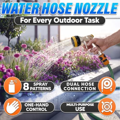 Metal Garden Heavy Duty Hose Nozzle, 8 Spray Patterns, Lock Clip