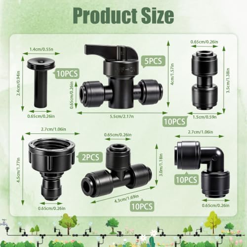 47 Pack Quick Connect 1/4" Drip Irrigation Fittings Kit, 1/4'' Drip Irrigation Tubing Push-to-Fit Connectors Parts- 5 Shut Off Valve, 10 Tees, 10 Couplings, 10 Elbows,10 End Plugs, 2 Faucet Adapters