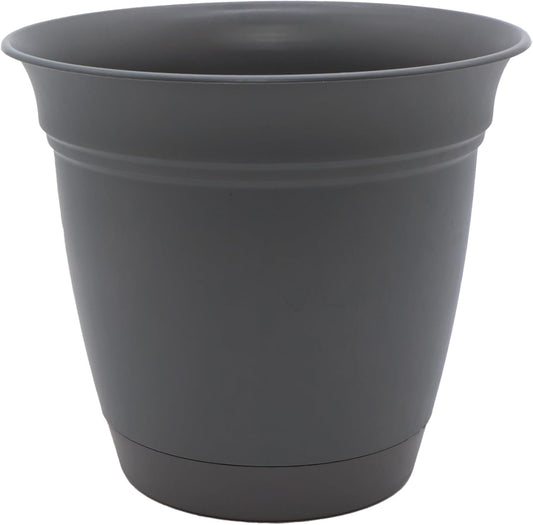 The HC Companies Eclipse Round Planter with Saucer - Outdoor & Indoor Plant Pot with Drainage Holes - Lightweight, UV-Resistant Plastic Pots for Plants, Flowers & Herbs (12" Warm Gray, Pack of 1)