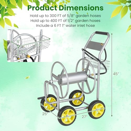 Goplus Garden Hose Reel Cart, 300 ft 5/8" or 400 ft 1/2", Heavy-Duty Metal Hose Cart w/ 4 Wheels, Storage Basket, Portable Water Hose Organizer for Yard Planting Lawn
