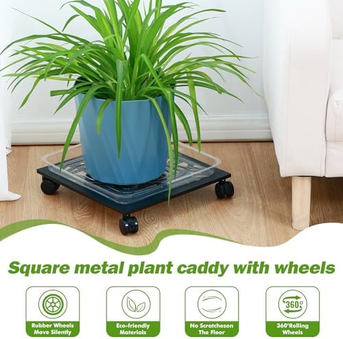 1 Pack 12" Metal Square Plant Caddy with Wheels Large Iron Rolling Plant Stand with Casters Heavy-Duty Plant Dolly Coaster Plant Pot Mover Roller Base for Indoor Outdoor, Black