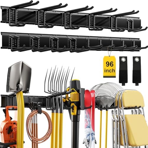 96" Garage Tool Organizer Wall Mount, 1250lbs Heavy Duty Garden Tool Storage Rack with 15 Adjustable Hooks for Yard, Shed, Garage (6 Racks, 15 Hooks, 2 Straps, Steel)