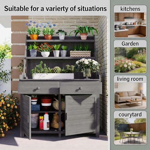 Outdoor Potting Bench with Storage Shelf and Cabinet, 65 in