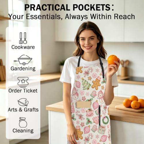 Christmas Aprons Pink Gingerbread Man Kitchen Apron with 2 Pockets