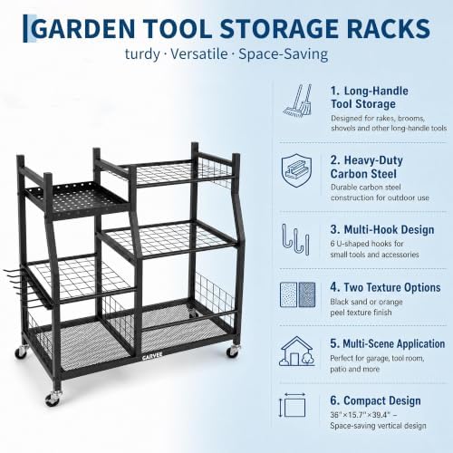 3-Tier Garden Tool Organizer with Wheels, Heavy-Duty Steel Garage Rack