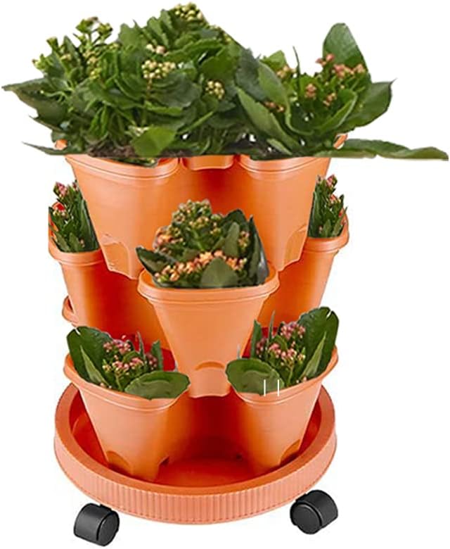 Strawberry Vertical Planters, 3 Tiered Stacking Tower Garden, Stackable Herb Vegetable Planters with Movable Casters and Bottom Saucer Indoor and Outdoor