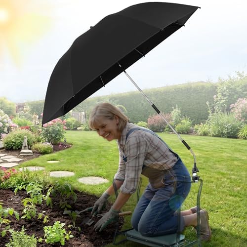 Garden Kneeler Umbrella, 42” Large Clip on Umbrella with Metal Clamp,UPF50+ Sun Protection,360°Swivel,Folding Garden Umbrellas for Garden Bench Kneeler Seat,Outdoor Gardening Shade