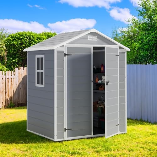 Greesum 6x4FT Plastic Outdoor Storage Shed with Floor, Light Gray