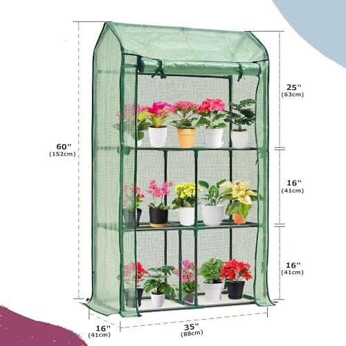 Purlyu Mini Greenhouse for Indoor Outdoor, Small Plastic Plant Green House Rack Stand Portable Greenhouses with Durable PE Cover for Seedling 60 "x 35"x 16",20 Pcs T-Type Plant Tags Include（PLGH4053G）
