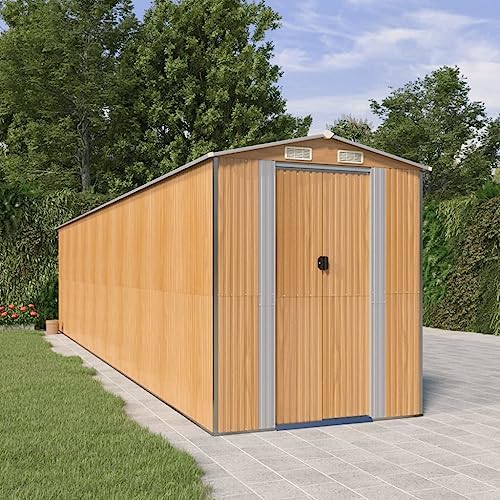 Extra Large Garden Shed 336.7 Inch Metal Storage House with Double Sliding Doors, Heavy Duty Galvanized Steel Outdoor Storage Unit for Tools and Equipment, Light Brown