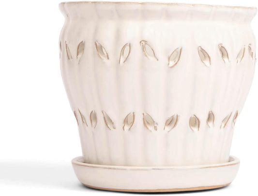 rePotme Orchid Pot - 6 inch Ceramic Pot with Holes, Pinwheel Fluted (White Diamond) - Includes Free 6 inch Slotted Liner