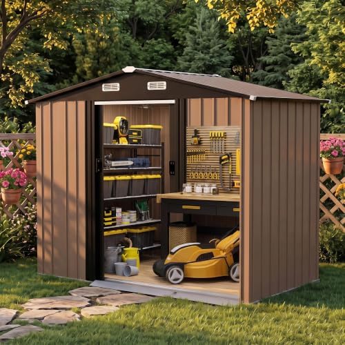 LAUSAINT HOME 10 x 4.5 FT Outdoor Storage Shed, Galvanized Steel Storage Shed with Double Sliding Doors, Gable Roof & Air Vent for Backyard, Brown