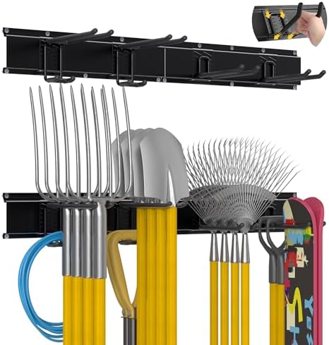 Garage Tool Organizer Wall Mount with 32 inches Rails and Adjustable Heavy-Duty Hooks, Garden Tool Organizer, Carries 300 lbs, Heavy Duty Garage Storage Rack For Yard, Shed, Workshop, Easy to Install