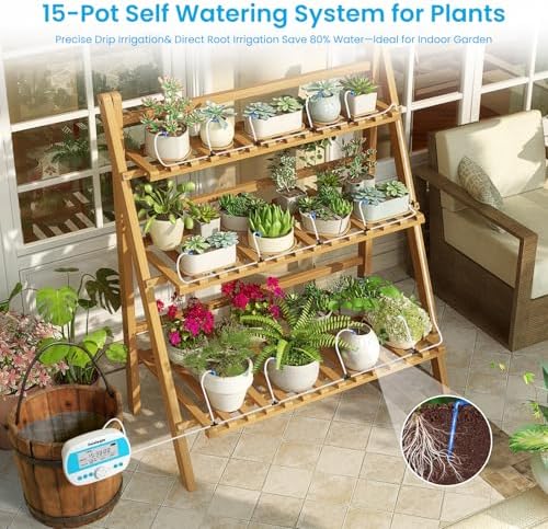 Sainlogic Automatic Plant Waterer for 15 Potted Plants, Self-Watering System with Humidity Monitor Display, Deep Root Irrigation, IP64 Programmable Timer, Ideal for Vacation, Travel and Indoor Garden