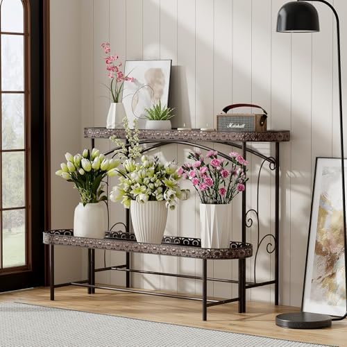 Plant Stand Outdoor Indoor 2 Tier Metal Pland Stand, Detachable Heavy Duty Tall Plant Shelf Rack Flower Pot Holder for Patio Garden Balcony Living Room, Distressed Vintage Black
