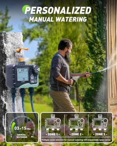 RAINPOINT 3 Zone Water Sprinkler Timer with Brass Inlet, IP65 Waterproof Hose Irrigation Timer, Rain Delay Manual Auto Watering System with Large LCD Display for Yard Lawn Garden, 2027 New Version