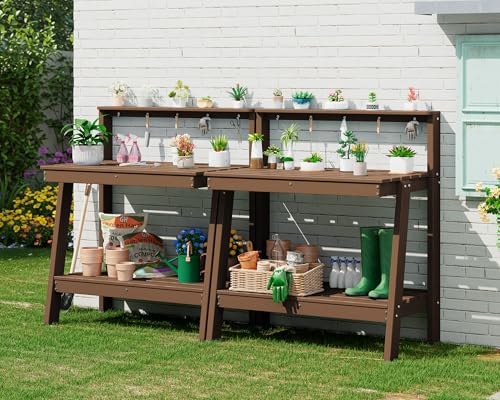 SERWALL 3-Tier Outdoor Potting Bench with Storage,Gardening Table,Brown,2PC