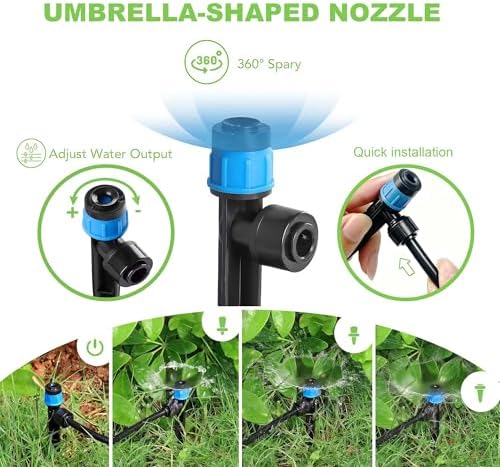 Brass Connector Drip Irrigation System, Quick-Connect Garden Watering System Kit with Adjustable 360° Umbrella & Drip Emitters for Greenhouse, Garden Grid, Lawn, Potted Plant (15FT+ 50FT)