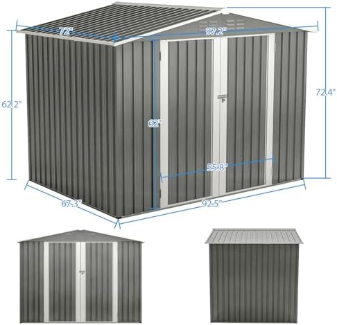 8x6 ft Outdoor Waterproof Metal Storage Shed with Foundation Floor Frame, Lockable Hinged Doors & Air Vents, All Weather Garden Tool Shed for Backyard Lawn, Galvanized Steel - Grey