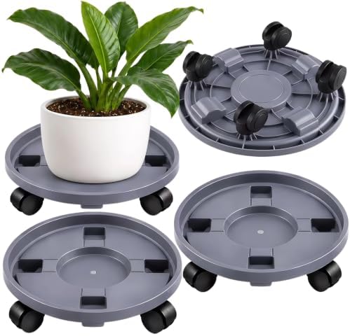 Rolling Plant Stand Outdoor 3 Pack 14 Inch Plant Caddy with Wheels, Grey