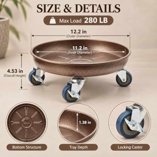 1 Pack 12.2 Inch Metal Plant Caddy, Copper