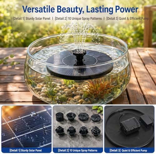 2.4W Solar Bird Bath Fountain Pump, 7.1 Inch Upgraded Floating Solar Powered Water Fountain with 10 Nozzles, Multiple Spray Patterns for Outdoor Garden Pond Birdbath Pool Fish Tank