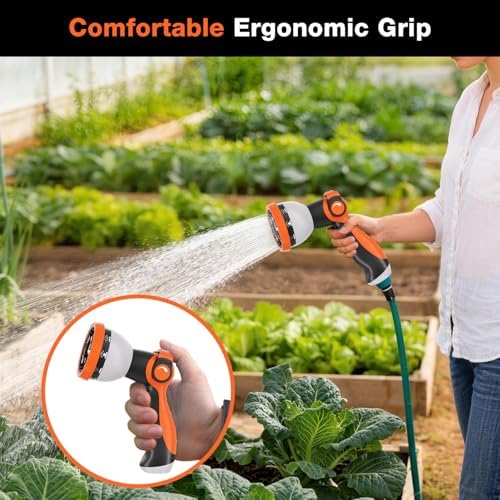 Garden Hose Nozzle, Hose Sprayer Nozzle with 10 Spray Patterns, Thumb Control On Off Valve,2 Pack Heavy Duty Metal Water Hose Nozzle for Car Wash, Plants, Pets & Outdoor Cleaning Green Orange