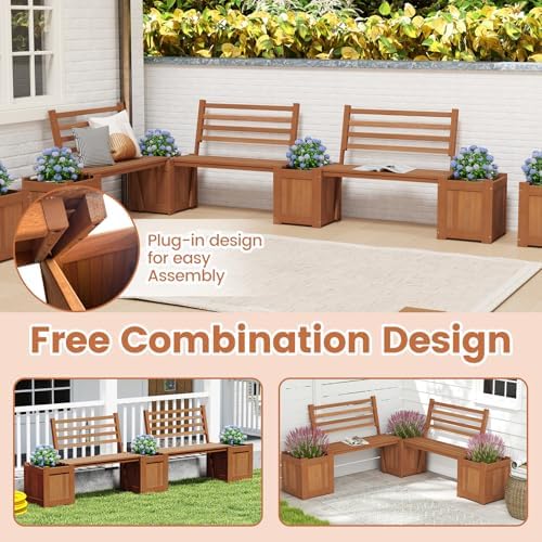 GIANTEX Set of 2 Outdoor Bench with Backrest, Wood Raised Garden Bed w/Open Base, Weather-Resistant Square Deep Planter Boxes for Flowers Fruit Vegetable, Bench Seat for Porch Yard Balcony Lawn