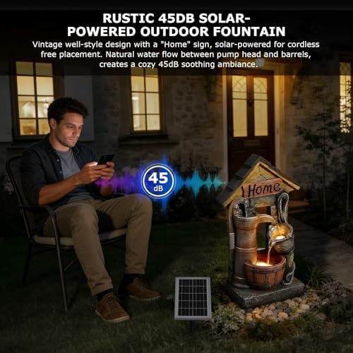 28.7" H Solar Outdoor Water Fountain,3-Tier Solar Powered Rustic Barrel Pump Water Fountain Cascading Waterfall Fountains Outside for Garden, Patio, Backyard, Porch/Two Placement Options