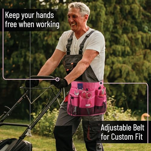 UNCO- Adjustable Gardening Belt, Pink, 7 Pockets, Wear, Cut and Water Resistant, Garden Tool Belt Pouch, Waist Apron with Pockets