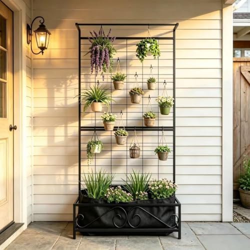 Zhongma Metal Planter with Trellis Raised Bed with Trellis for Vine Climbing Plants Flowers(12.8 x 35.43 x 74 in), 74 Inch Height Privacy Screen with Hanging Plant Pot Shelf