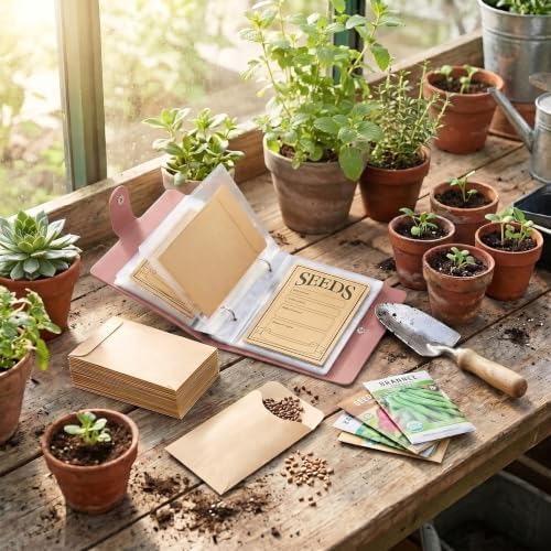 Seed Storage Organizer Binder, Efficient Seed Packet Organizer with 50 Pack Seed Envelopes, PU Garden Seed Holder Book, Seed Binder for Garden Planner, Flower Seed Keeper (Pink)