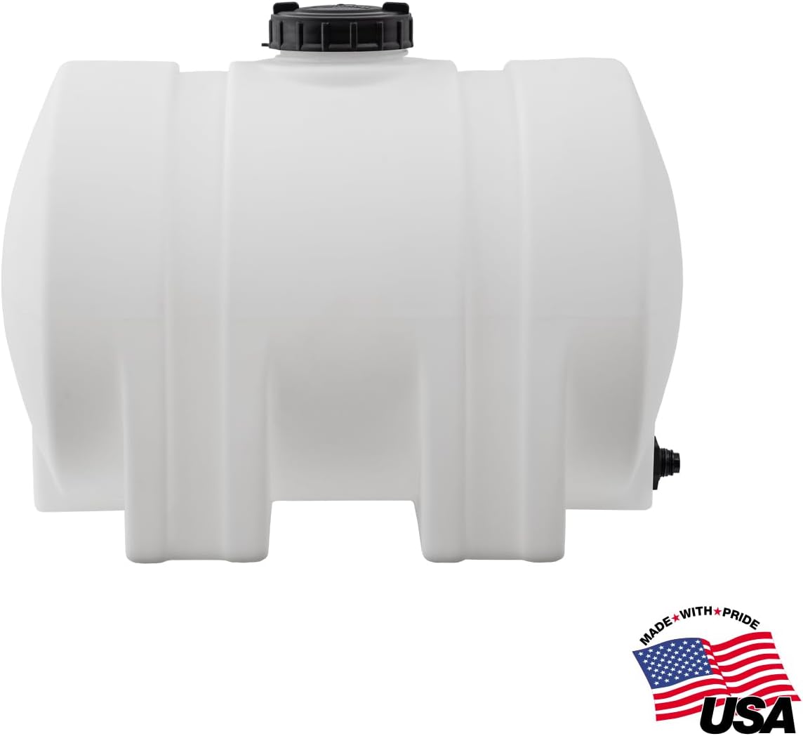 Romotech 82126189 Horizontal Polyethylene Reservoir Water Tank w/Legs, 35 gal, Made In USA, Natural Poly Tank For Non-Flammable Liquids, UV-Resistant, Ideal for Agricultural Use, RV Water Storage