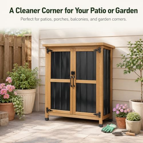 Outdoor Garden Storage Cabinet with Asphalt Roof, Lockable Double Doors