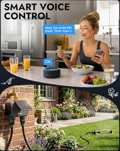 Insoma Solar WiFi Water Timer w/Adjustable 120° Solar Panel, 2-Zone Smart Sprinkler Timer Solar&Type-C Powered, APP&Voice Control Auto Irrigation for Lawn Garden, No Need Hub, Work with Alexa&Google