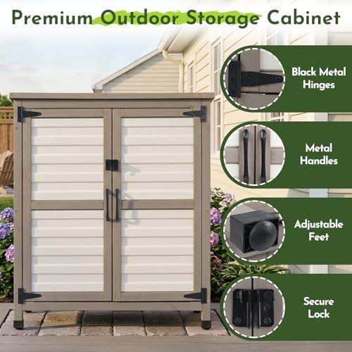 Small Outdoor Storage Cabinet with Shelf,White Wood & Plastic Storage Shed with Waterproof Roof for Backyard, Patio,Garage, Outside Cabinets for Gardening Tools