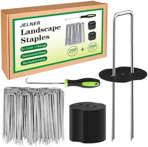 JELNER Garden Stakes,6 Inch 11 Gauge 200pcs Galvanized Landscape Staples and 200pcs Gaskets +1Pick Hook, Tent Stakes Landscaping Fabric SOD Pins for Weed Fabric Barrier,Groud Cover,Fence