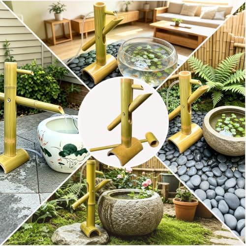 Bamboo Fountain Kit with Solar Powered，Rocking Fountains Kit，Natural Bamboo Water Feature for Zen Garden, Patio, Indoor & Outdoor Decor