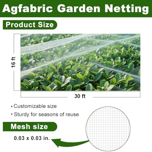 Agfabric Garden Netting 16'x30' Insect Pest Barrier Bird Netting for Garden Protection,Row Cover Mesh Netting for Vegetables Fruit Trees and Plants,White