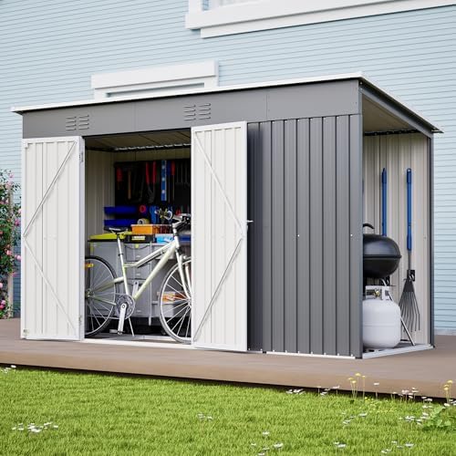 YOPTO 10x4 FT Outdoor Storage Shed, Metal Sheds with Floor Base & Open Firewood Storage,Steel Garden Shed with Lockable Doors,Sloped Roof,Windows, 2 in 1 Large Tool Shed for Patio, Backyard, Lawn.Gray
