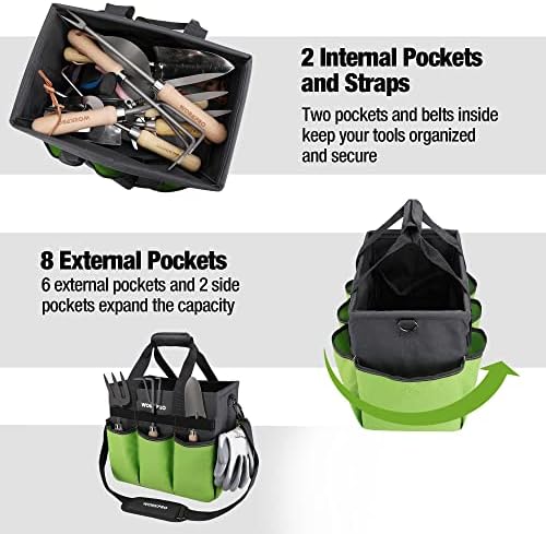 WORKPRO Garden Tool Bag, 10 Pockets and Shoulder Strap, Green