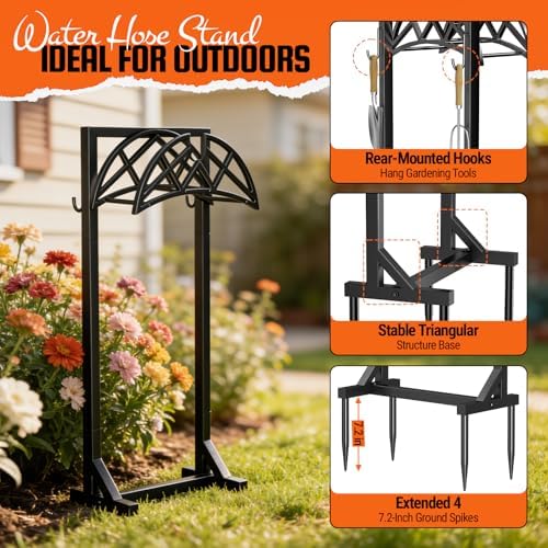 2 Pack Garden Hose Holder, Heavy-Duty Metal Stand with Stable Base & 2 Tool Hooks, Freestanding Storage Rack for Outside, Holds 150ft – Hose Holders for Yard & Lawn