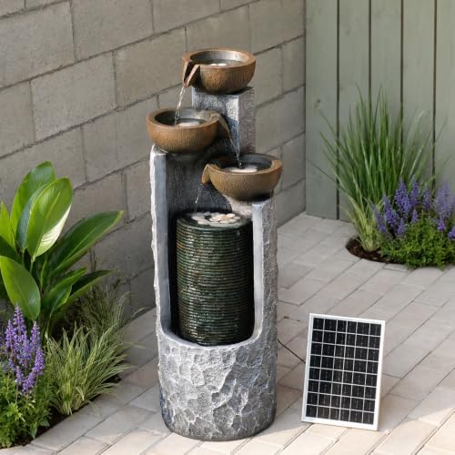 37.7" Solar Outdoor Water Fountain with LED Lights 4Tier Waterfall Fountain