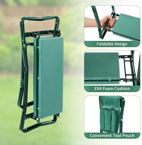 Garden Kneeler and Seat,Multifunctional Garden Kneeling Bench with Soft Kneeling Pad & Tool Pouches,Folding Gardening Stool for Women Men,Heavy Duty Foldable Gardener Stool for Family Gardeners